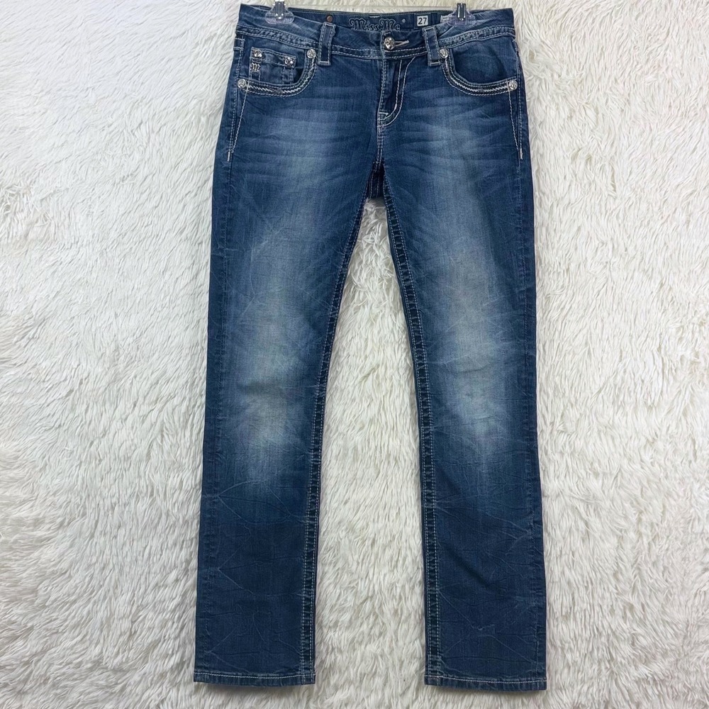 Miss Me Jeans Sz 27 Rhinestone Fleur de Lis Embellished Mid Rise Skinny Straight